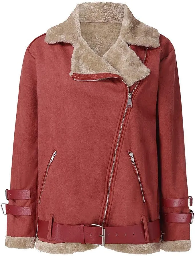 JOFOW Womens Suede Jackets Parka Lapel Fleece Collar Belted Flannel Lined Warm Loose Fashion Coats Plus Size XXL