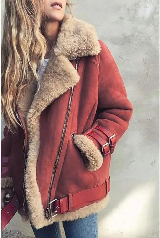 JOFOW Womens Suede Jackets Parka Lapel Fleece Collar Belted Flannel Lined Warm Loose Fashion Coats Plus Size XXL