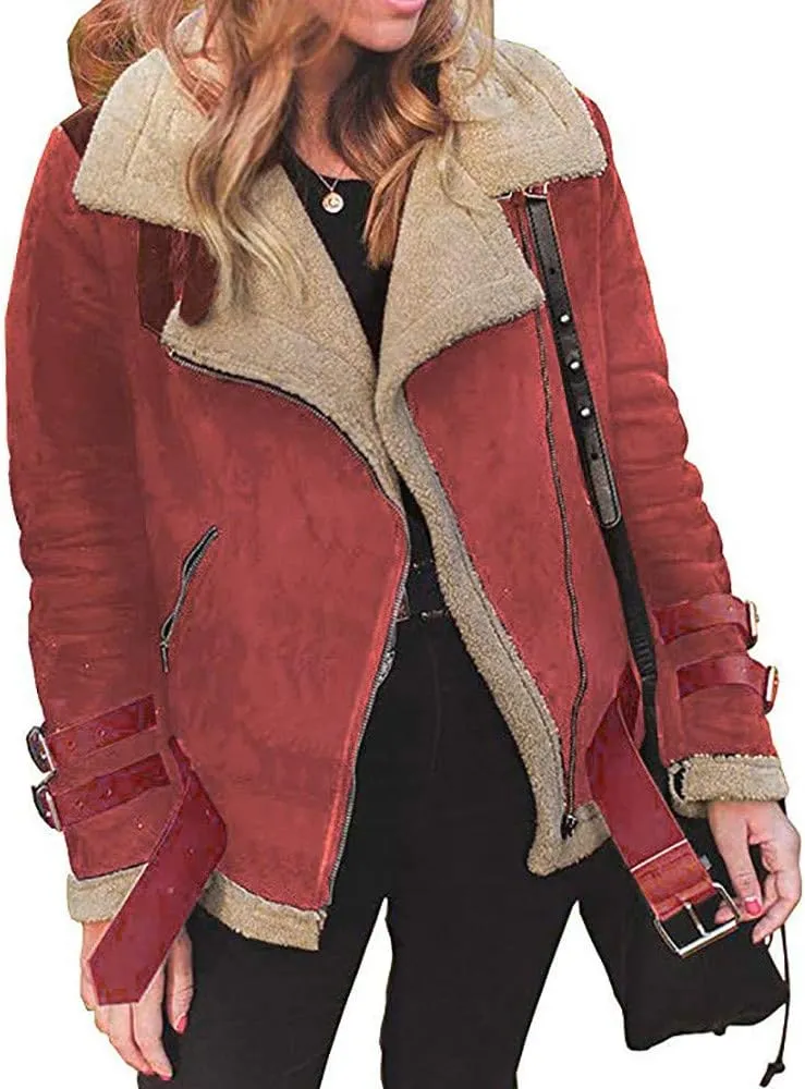 JOFOW Womens Suede Jackets Parka Lapel Fleece Collar Belted Flannel Lined Warm Loose Fashion Coats Plus Size XXL