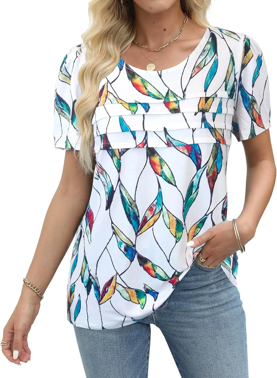 JomeDesign Womens Summer Tops Short Sleeve Crew Neck Shirts Puff Sleeve Casual Tshirts