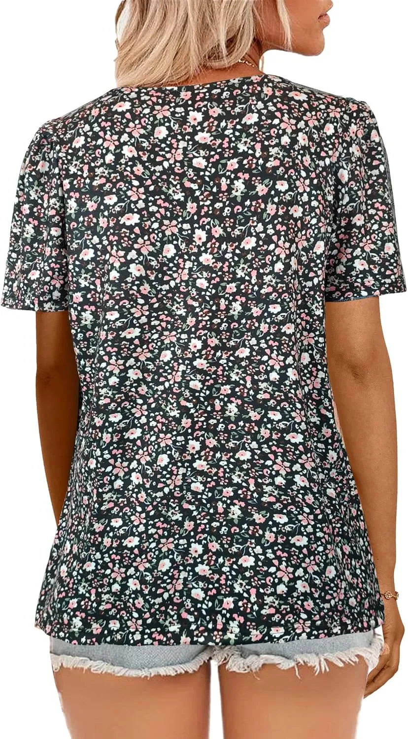 JomeDesign Womens Summer Tops Short Sleeve Crew Neck Shirts Puff Sleeve Casual Tshirts