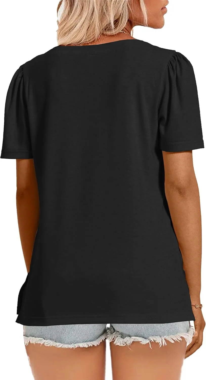 JomeDesign Womens Summer Tops Short Sleeve Crew Neck Shirts Puff Sleeve Casual Tshirts