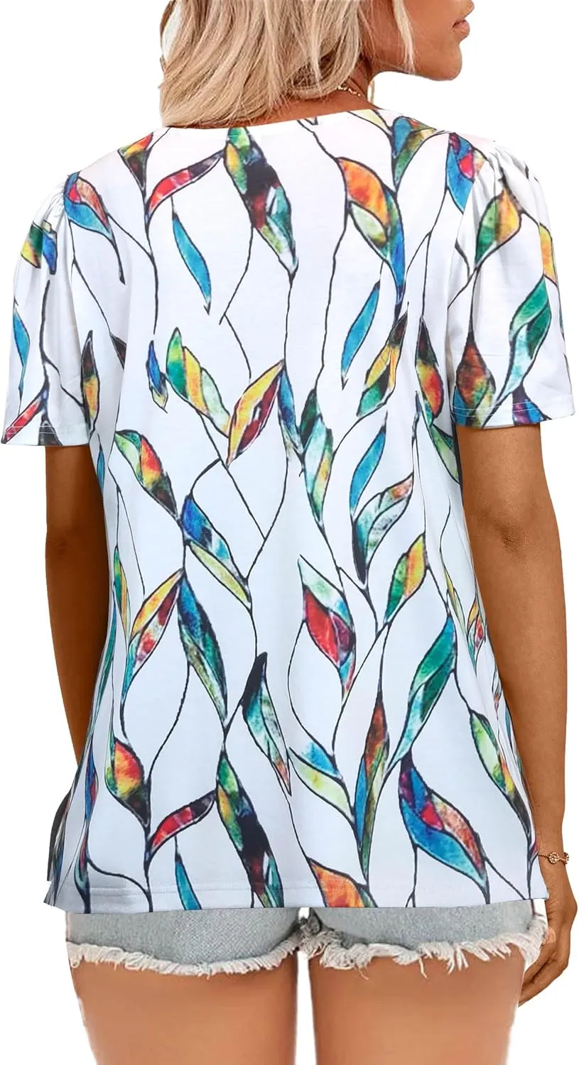JomeDesign Womens Summer Tops Short Sleeve Crew Neck Shirts Puff Sleeve Casual Tshirts