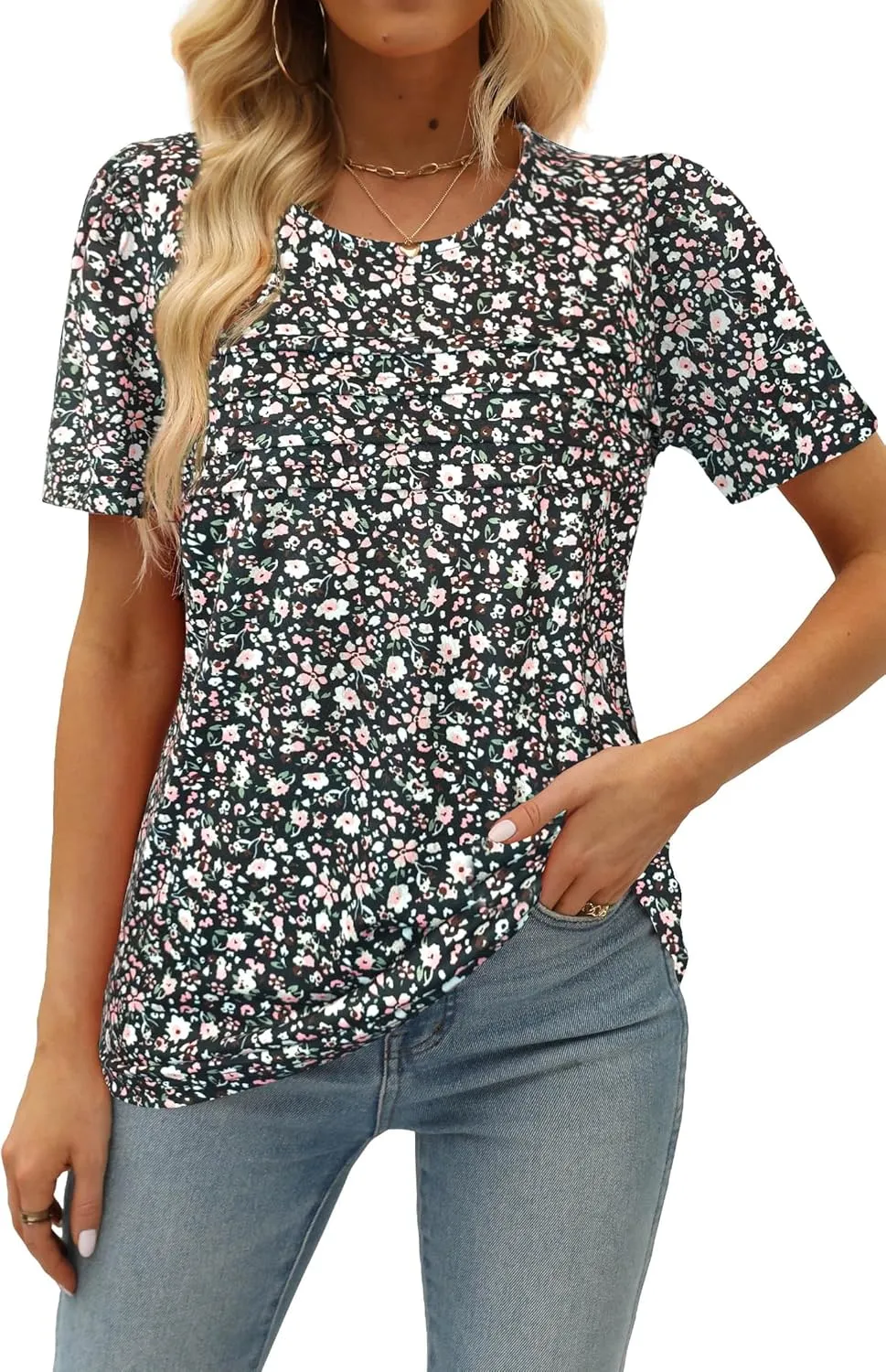 JomeDesign Womens Summer Tops Short Sleeve Crew Neck Shirts Puff Sleeve Casual Tshirts