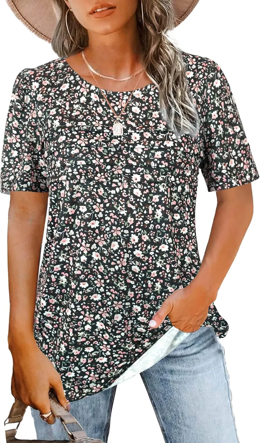 JomeDesign Womens Summer Tops Short Sleeve Crew Neck Shirts Puff Sleeve Casual Tshirts