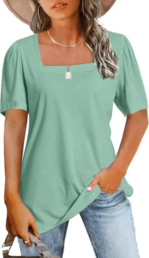 JomeDesign Womens Tops Casual Short Sleeve Square Neck Shirts Puff Sleeve Tshirts Loose Casual Blouse Summer Tee