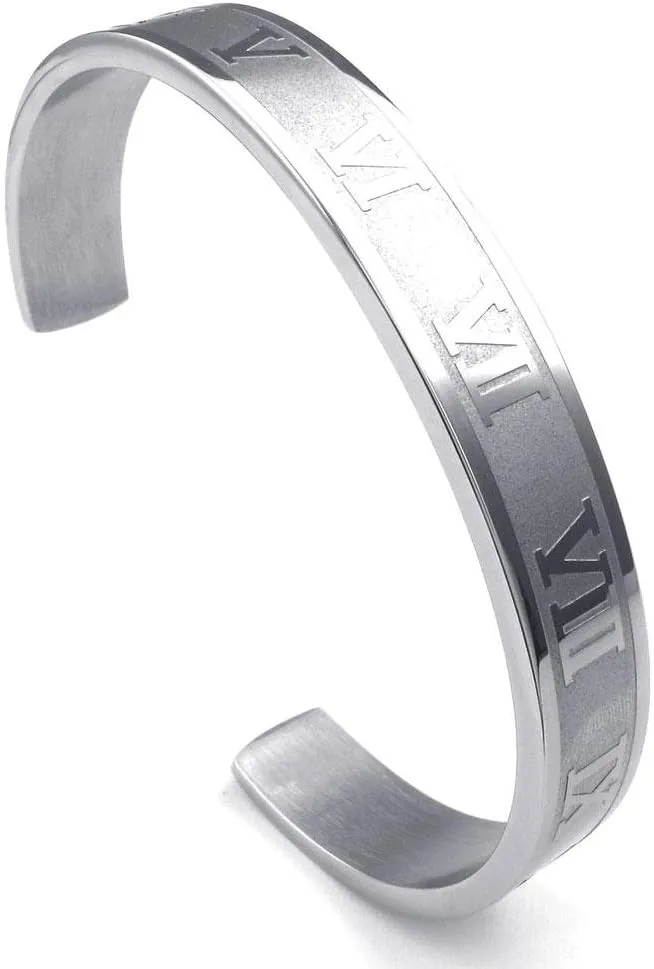 Jonline24h Mens Womens Stainless Steel Bracelet Classic Roman Numeral Cuff Bangle Silver