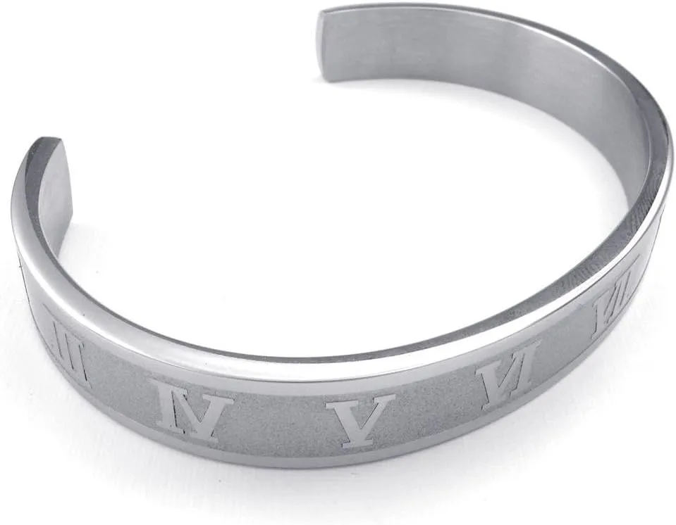 Jonline24h Mens Womens Stainless Steel Bracelet Classic Roman Numeral Cuff Bangle Silver