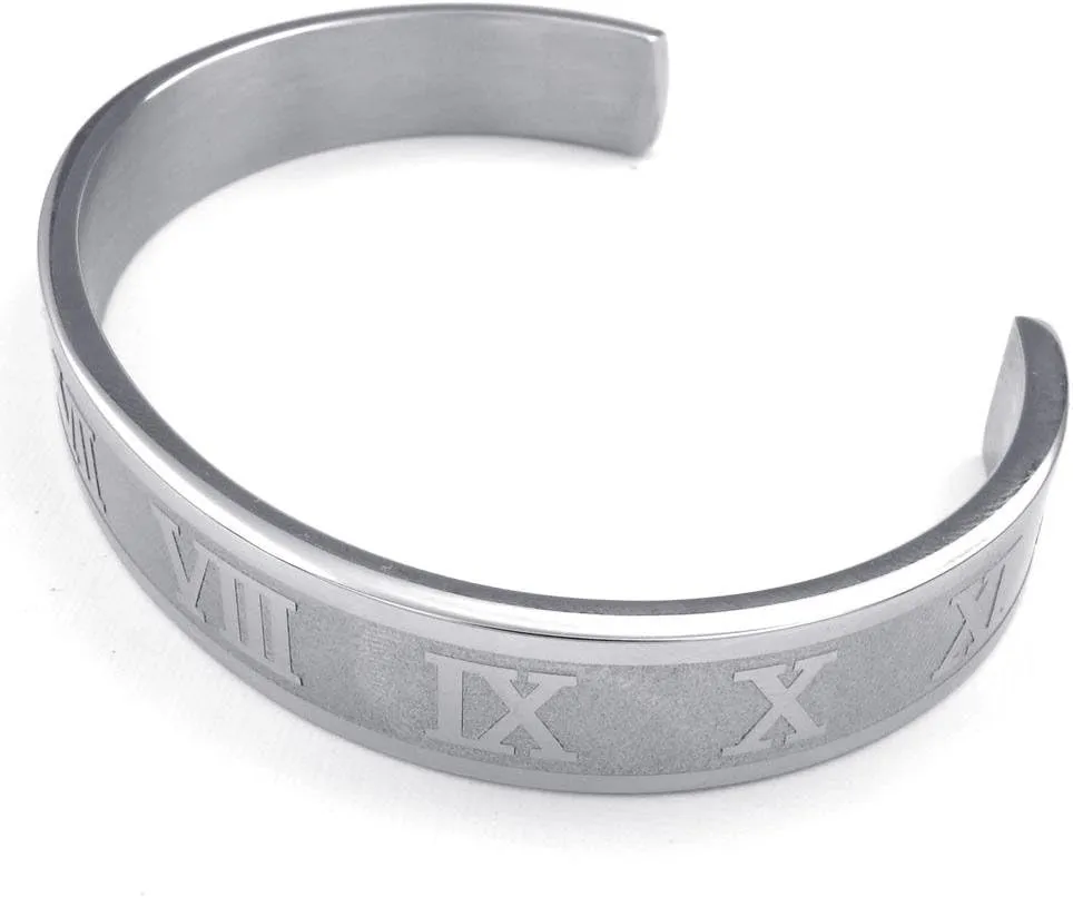 Jonline24h Mens Womens Stainless Steel Bracelet Classic Roman Numeral Cuff Bangle Silver