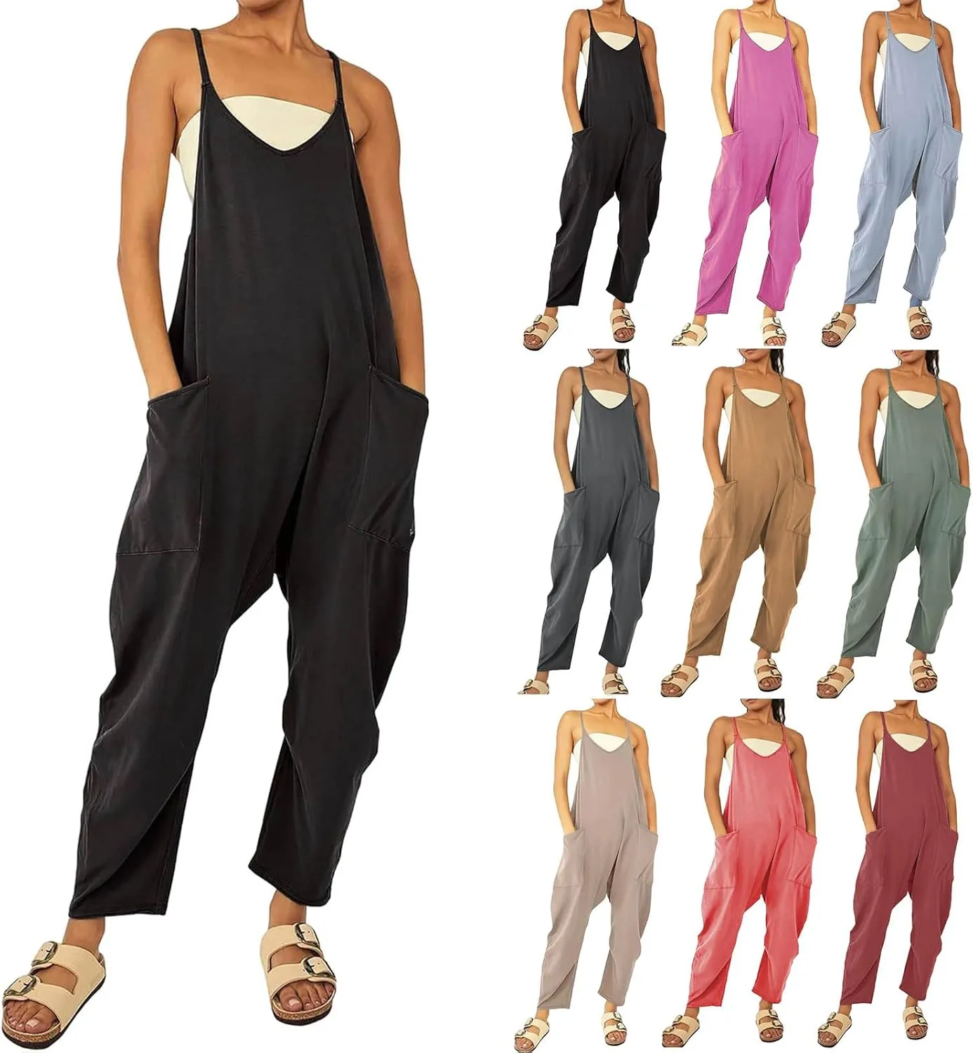 Jumpsuits for Women Casual Loose Sleeveless Jumpsuits Spaghetti Strap Harem Long Pants Romper Overalls with Pockets