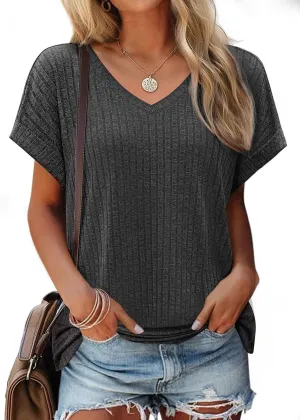JUSTFASHIONNOW Summer Tops for Women 2025 V Neck Short Sleeve Shirts Trendy Side Split Basic Tees Dressy Casual Outfits