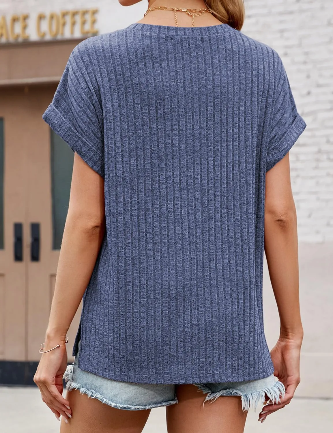 JUSTFASHIONNOW Summer Tops for Women 2025 V Neck Short Sleeve Shirts Trendy Side Split Basic Tees Dressy Casual Outfits
