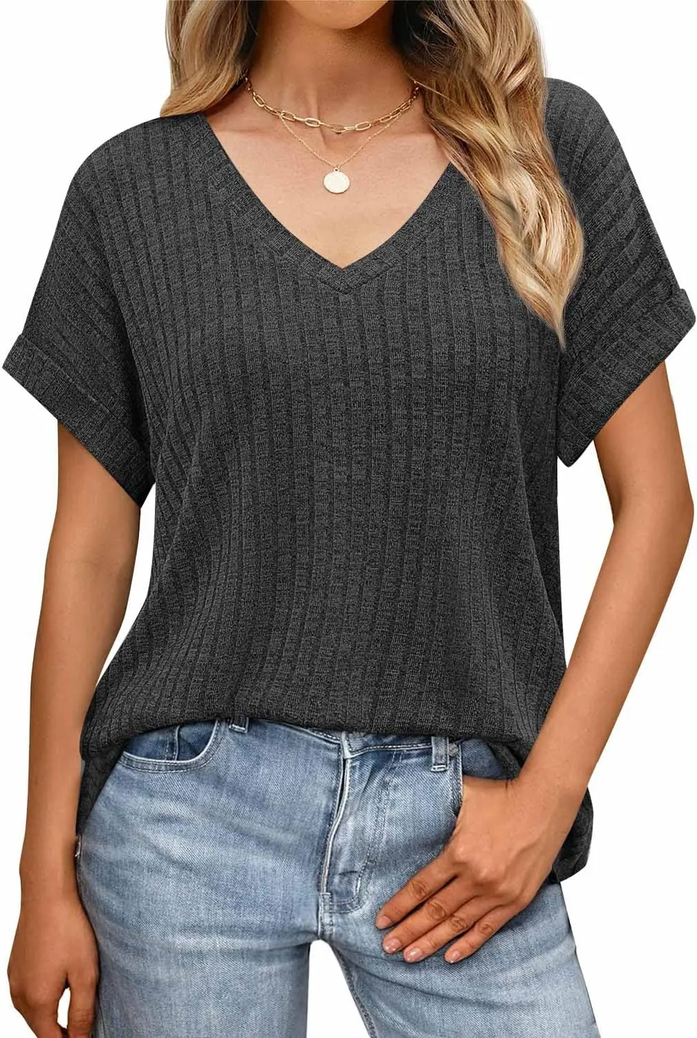JUSTFASHIONNOW Summer Tops for Women 2025 V Neck Short Sleeve Shirts Trendy Side Split Basic Tees Dressy Casual Outfits