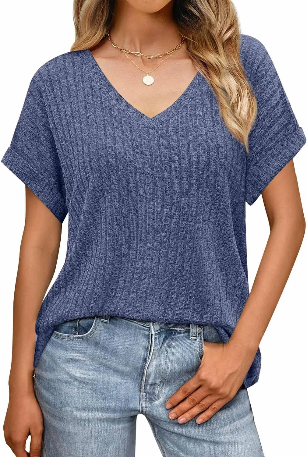 JUSTFASHIONNOW Summer Tops for Women 2025 V Neck Short Sleeve Shirts Trendy Side Split Basic Tees Dressy Casual Outfits