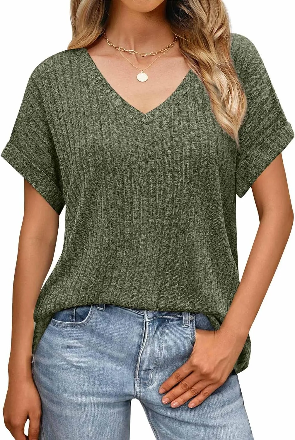 JUSTFASHIONNOW Summer Tops for Women 2025 V Neck Short Sleeve Shirts Trendy Side Split Basic Tees Dressy Casual Outfits