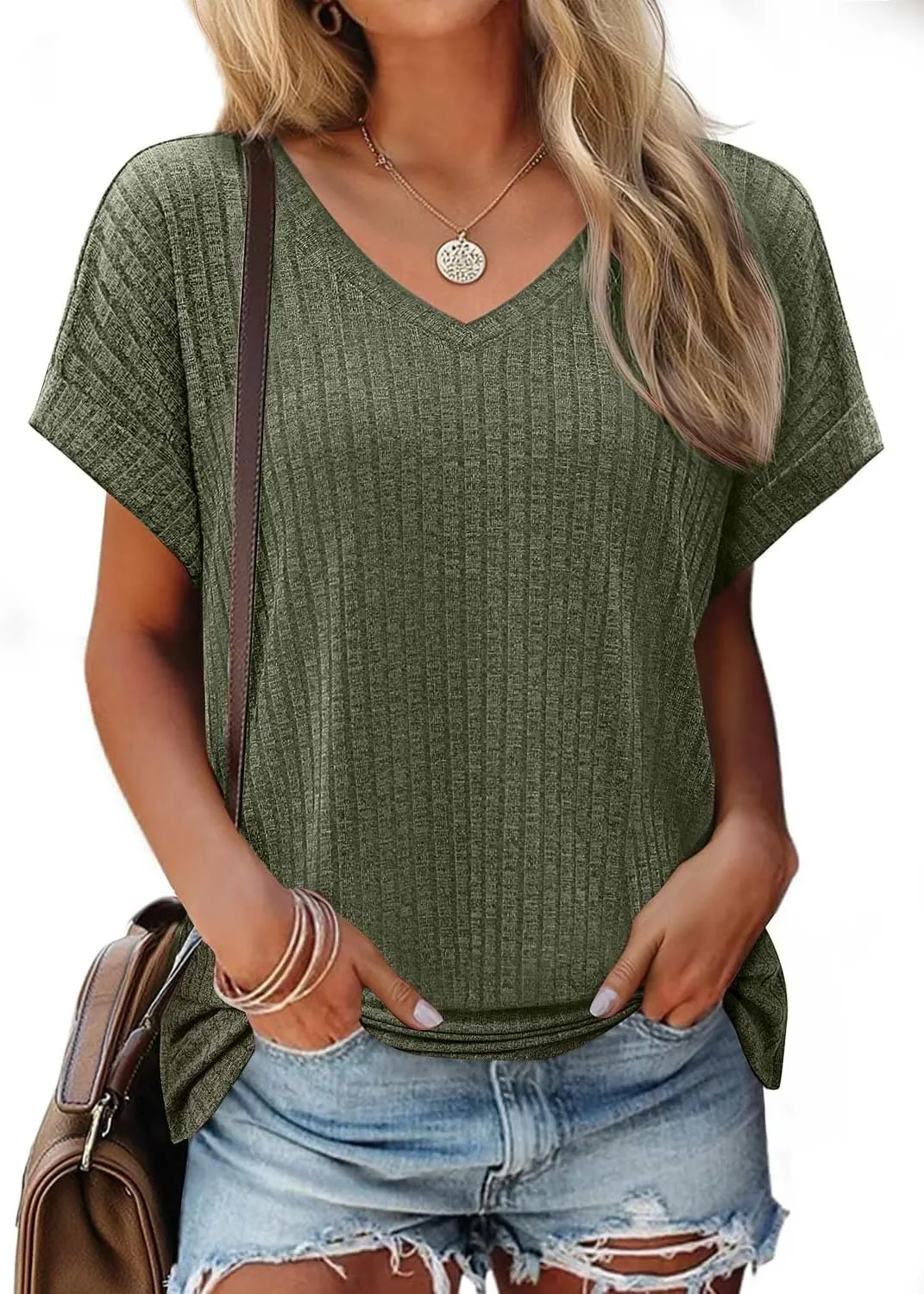 JUSTFASHIONNOW Summer Tops for Women 2025 V Neck Short Sleeve Shirts Trendy Side Split Basic Tees Dressy Casual Outfits