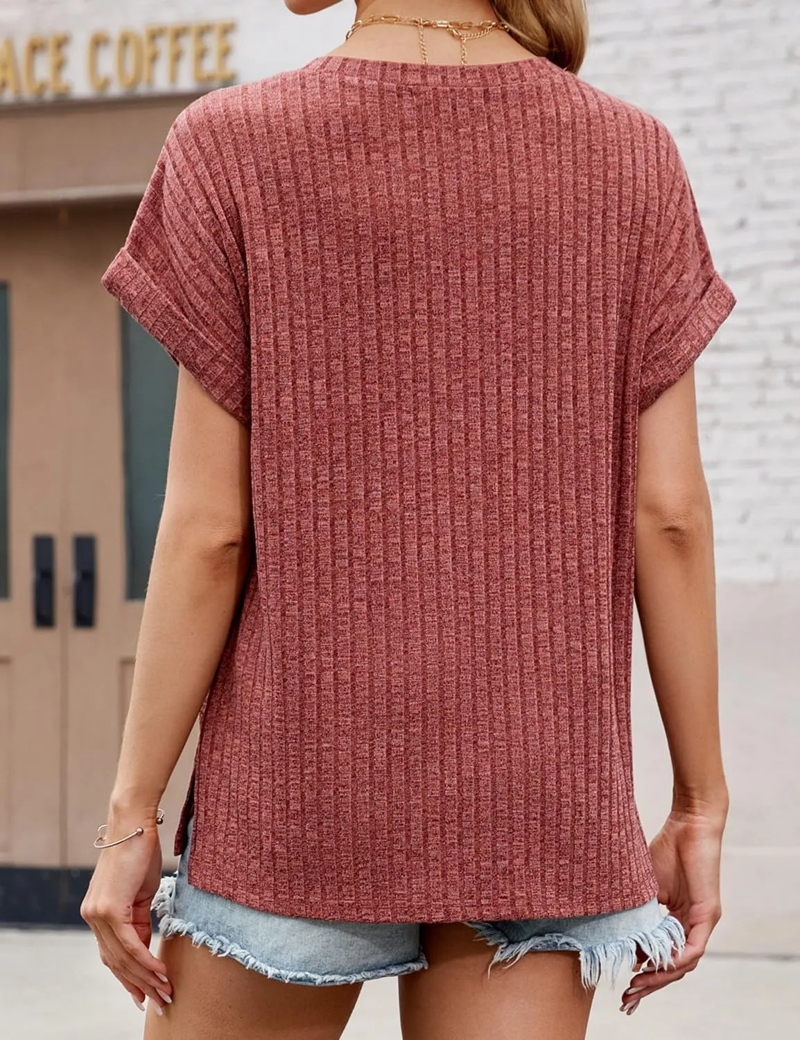 JUSTFASHIONNOW Summer Tops for Women 2025 V Neck Short Sleeve Shirts Trendy Side Split Basic Tees Dressy Casual Outfits