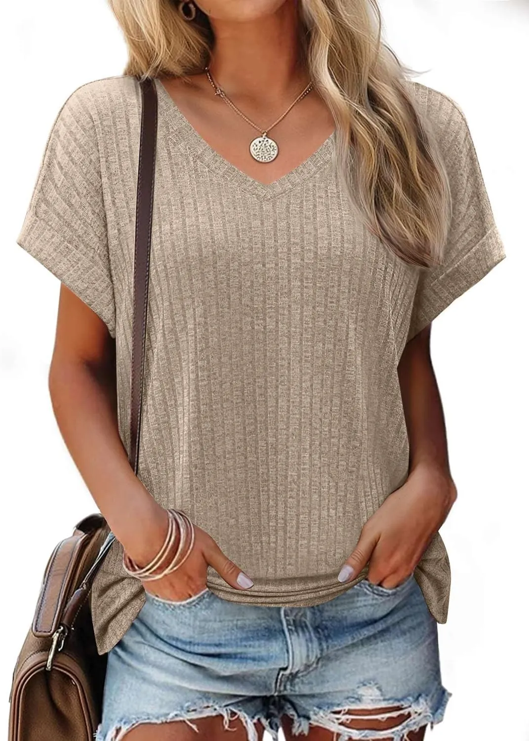 JUSTFASHIONNOW Summer Tops for Women 2025 V Neck Short Sleeve Shirts Trendy Side Split Basic Tees Dressy Casual Outfits
