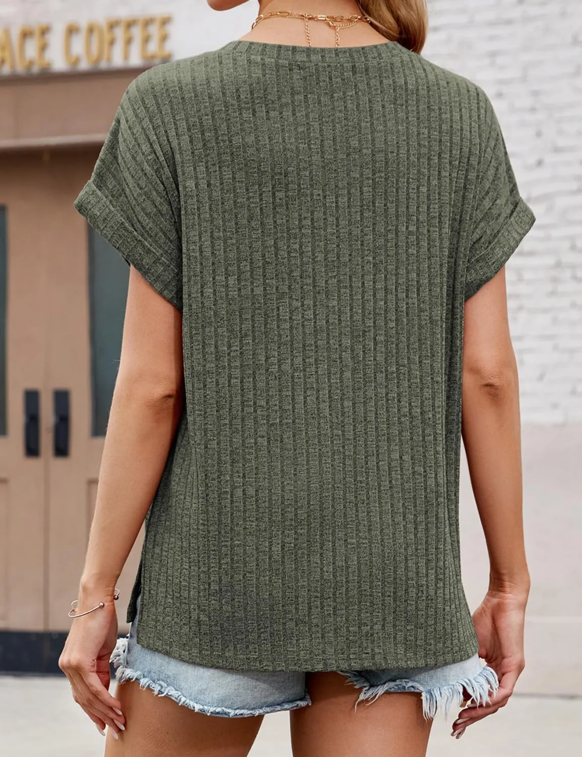 JUSTFASHIONNOW Summer Tops for Women 2025 V Neck Short Sleeve Shirts Trendy Side Split Basic Tees Dressy Casual Outfits