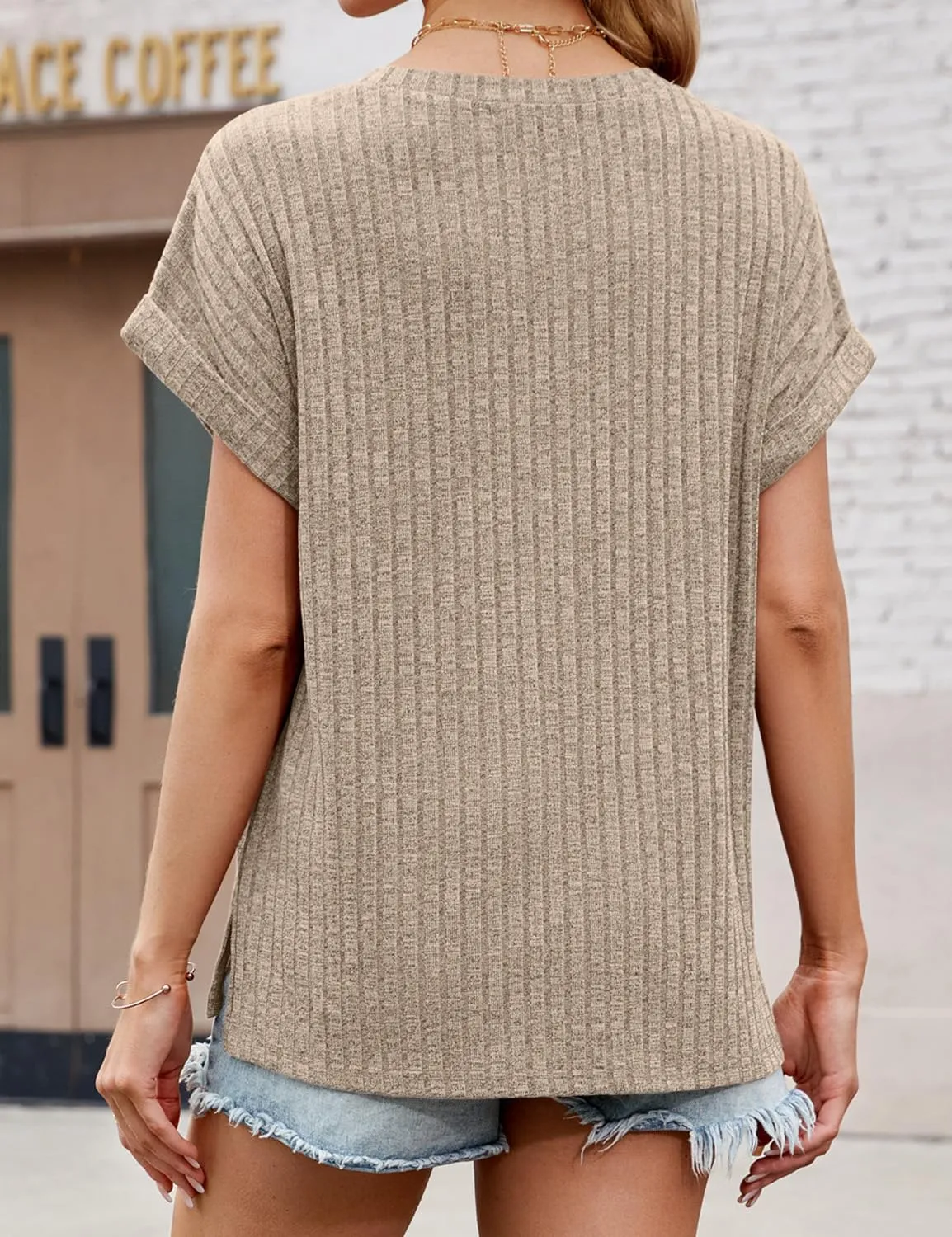 JUSTFASHIONNOW Summer Tops for Women 2025 V Neck Short Sleeve Shirts Trendy Side Split Basic Tees Dressy Casual Outfits
