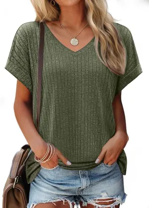 JUSTFASHIONNOW Summer Tops for Women 2025 V Neck Short Sleeve Shirts Trendy Side Split Basic Tees Dressy Casual Outfits
