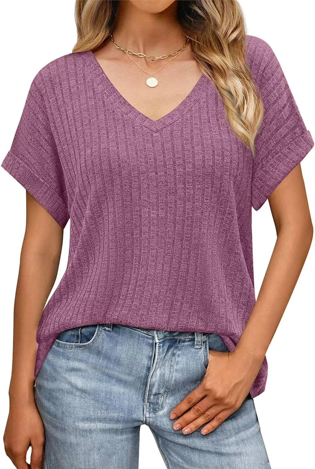JUSTFASHIONNOW Summer Tops for Women 2025 V Neck Short Sleeve Shirts Trendy Side Split Basic Tees Dressy Casual Outfits