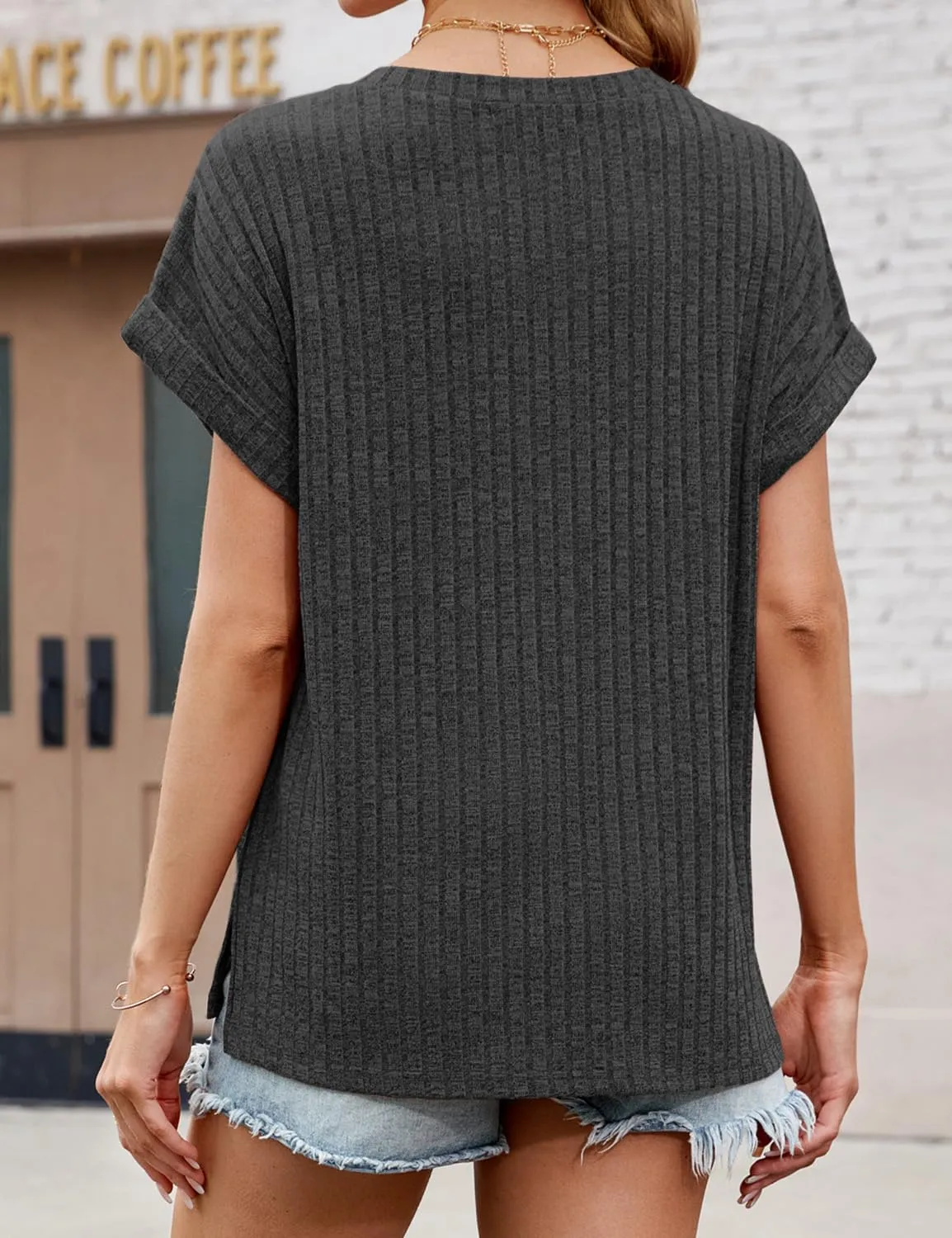 JUSTFASHIONNOW Summer Tops for Women 2025 V Neck Short Sleeve Shirts Trendy Side Split Basic Tees Dressy Casual Outfits