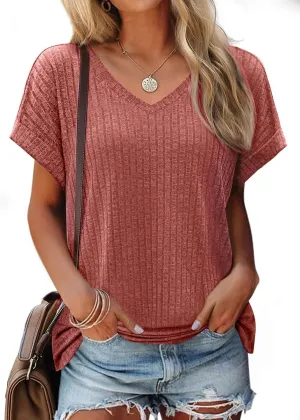 JUSTFASHIONNOW Summer Tops for Women 2025 V Neck Short Sleeve Shirts Trendy Side Split Basic Tees Dressy Casual Outfits