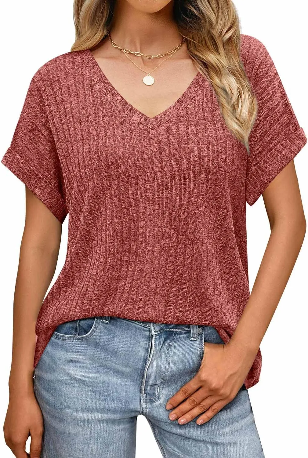 JUSTFASHIONNOW Summer Tops for Women 2025 V Neck Short Sleeve Shirts Trendy Side Split Basic Tees Dressy Casual Outfits