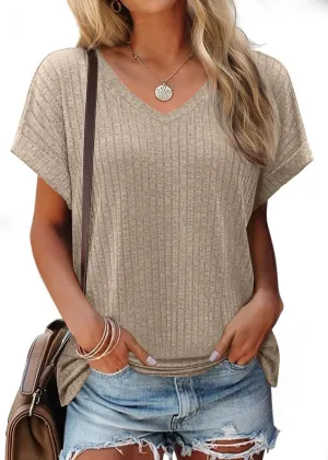 JUSTFASHIONNOW Summer Tops for Women 2025 V Neck Short Sleeve Shirts Trendy Side Split Basic Tees Dressy Casual Outfits