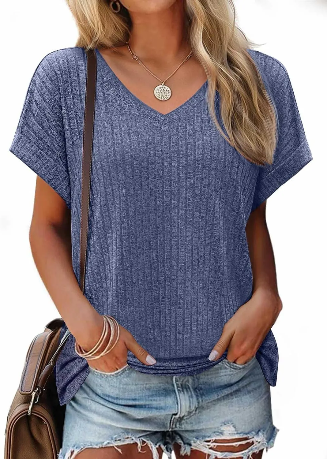 JUSTFASHIONNOW Summer Tops for Women 2025 V Neck Short Sleeve Shirts Trendy Side Split Basic Tees Dressy Casual Outfits