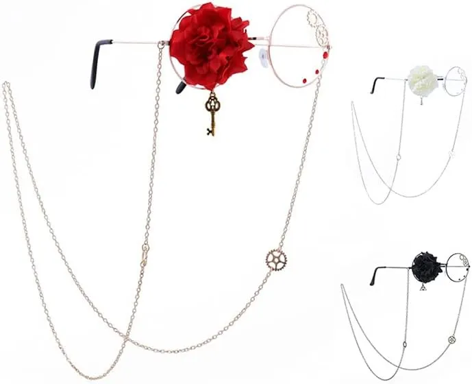 Kawaii Glasses with Chain Punk Grunge Round Wire Rose Eyeglasses Lolita Cosplay Accessories Kpop Idol Outfits