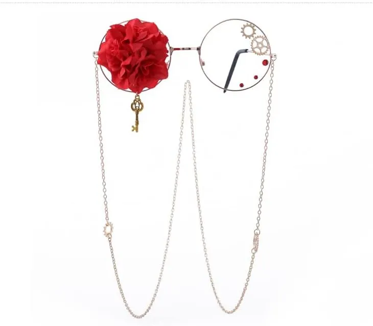 Kawaii Glasses with Chain Punk Grunge Round Wire Rose Eyeglasses Lolita Cosplay Accessories Kpop Idol Outfits