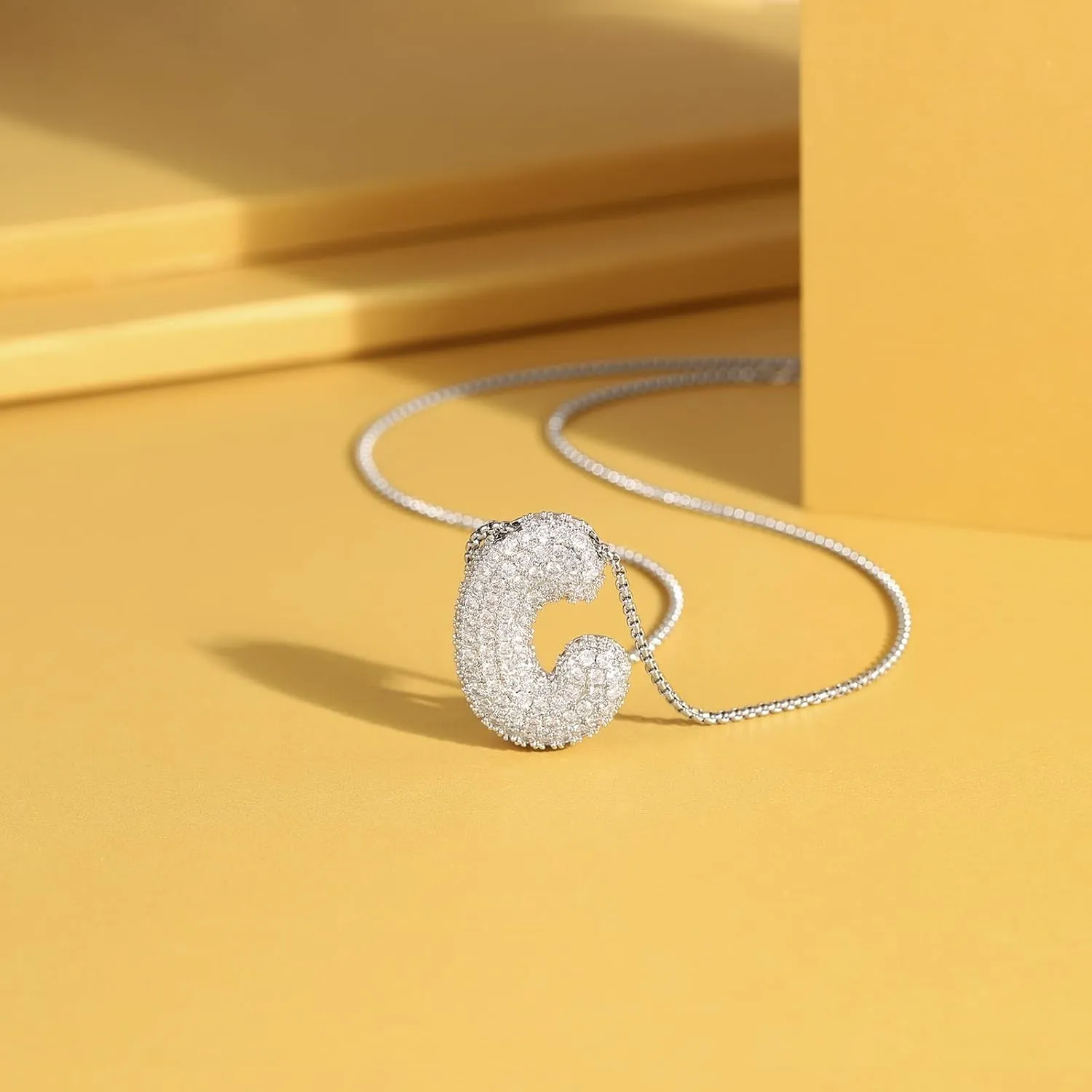 KissYan Bubble Letter Necklace, 14K Gold Plated Balloon Initial Pendant Box Chain Necklace Dainty Pave CZ Jewelry Gift for Women