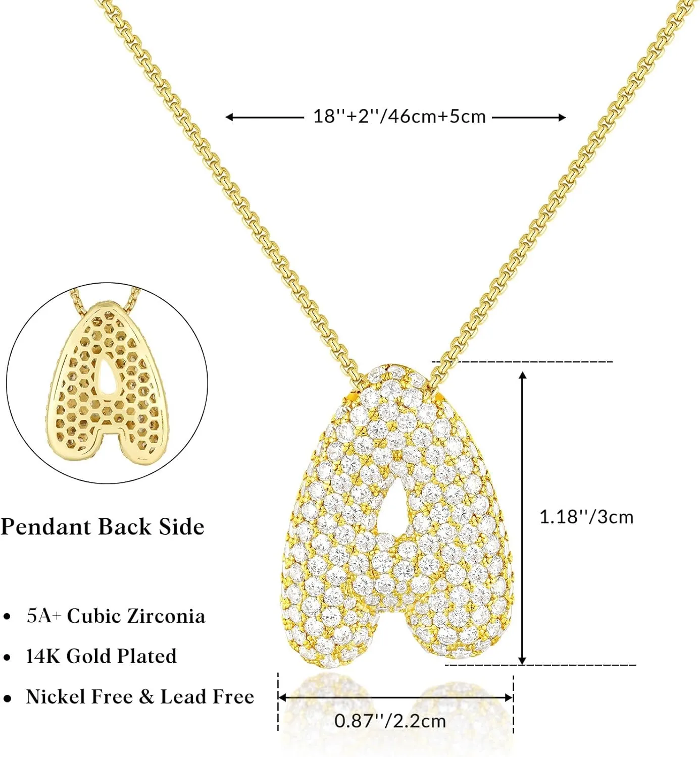 KissYan Bubble Letter Necklace, 14K Gold Plated Balloon Initial Pendant Box Chain Necklace Dainty Pave CZ Jewelry Gift for Women