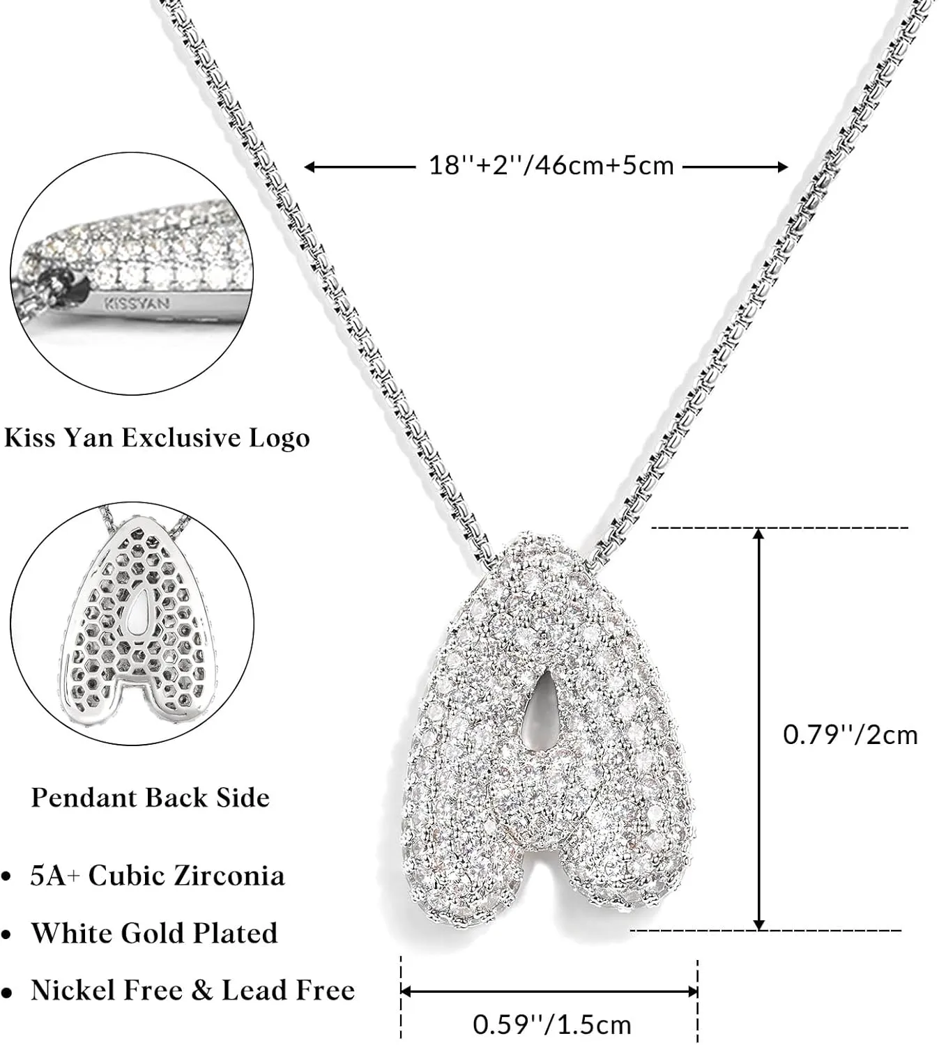 KissYan Bubble Letter Necklace, 14K Gold Plated Balloon Initial Pendant Box Chain Necklace Dainty Pave CZ Jewelry Gift for Women