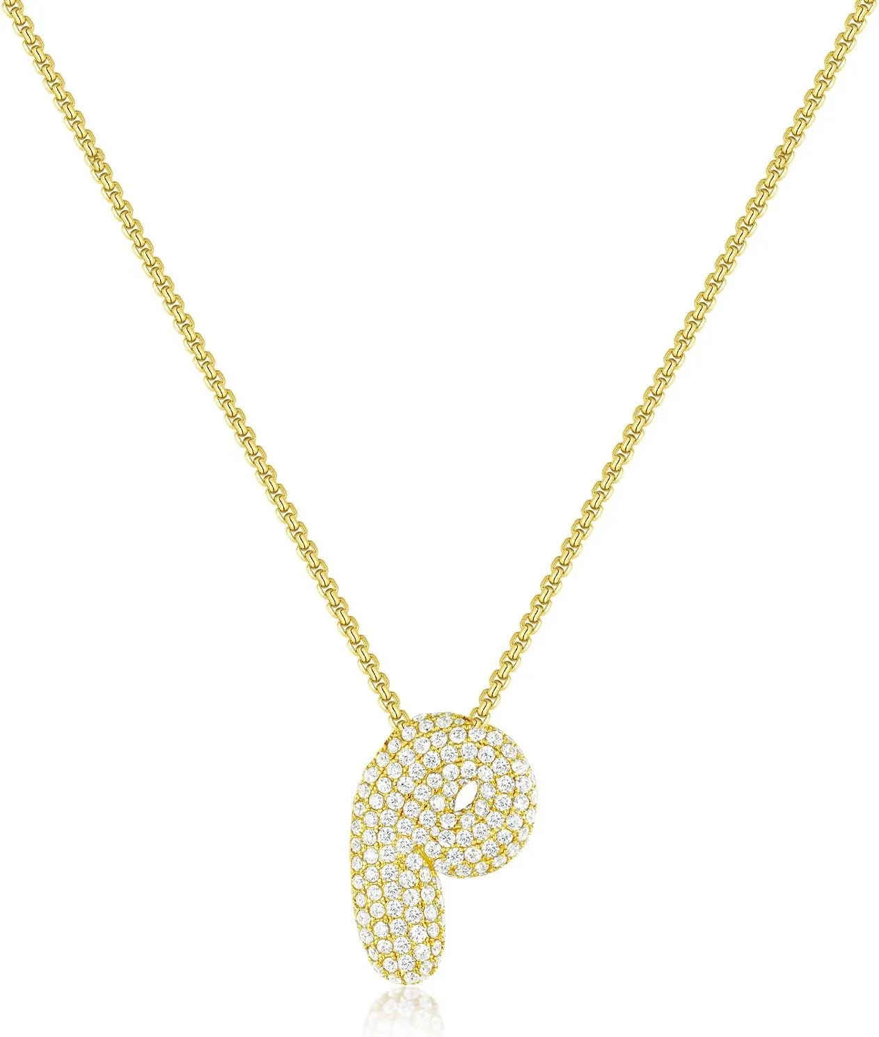 KissYan Bubble Letter Necklace, 14K Gold Plated Balloon Initial Pendant Box Chain Necklace Dainty Pave CZ Jewelry Gift for Women