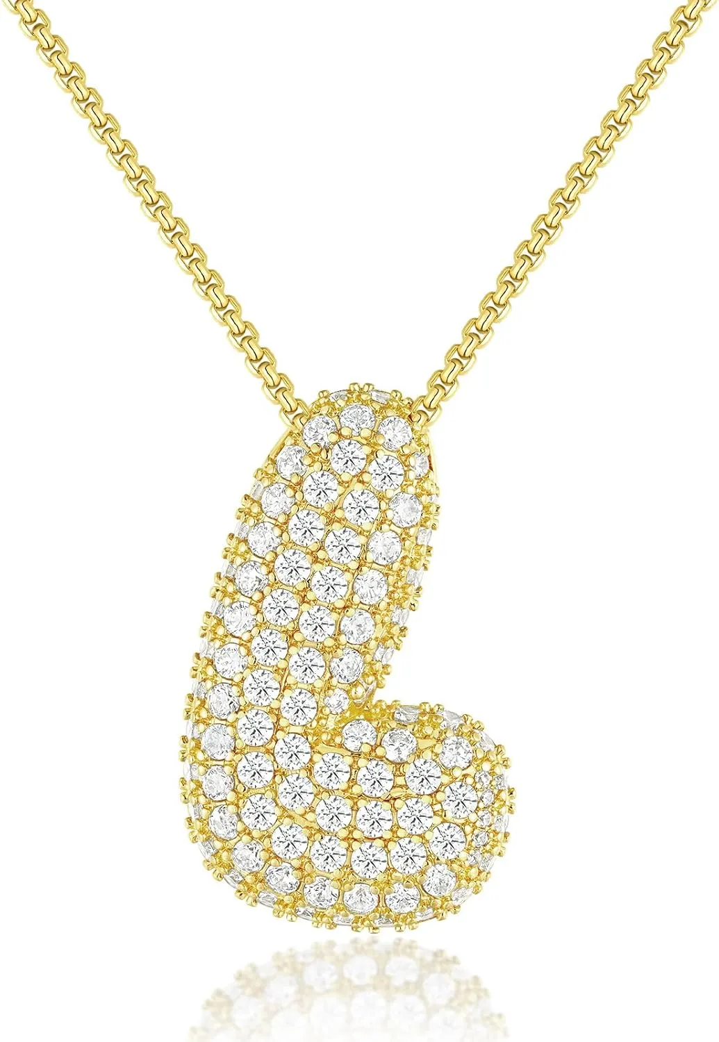 KissYan Bubble Letter Necklace, 14K Gold Plated Balloon Initial Pendant Box Chain Necklace Dainty Pave CZ Jewelry Gift for Women