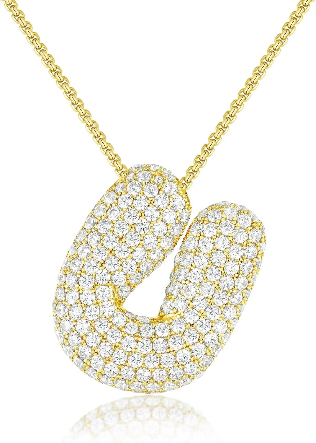 KissYan Bubble Letter Necklace, 14K Gold Plated Balloon Initial Pendant Box Chain Necklace Dainty Pave CZ Jewelry Gift for Women
