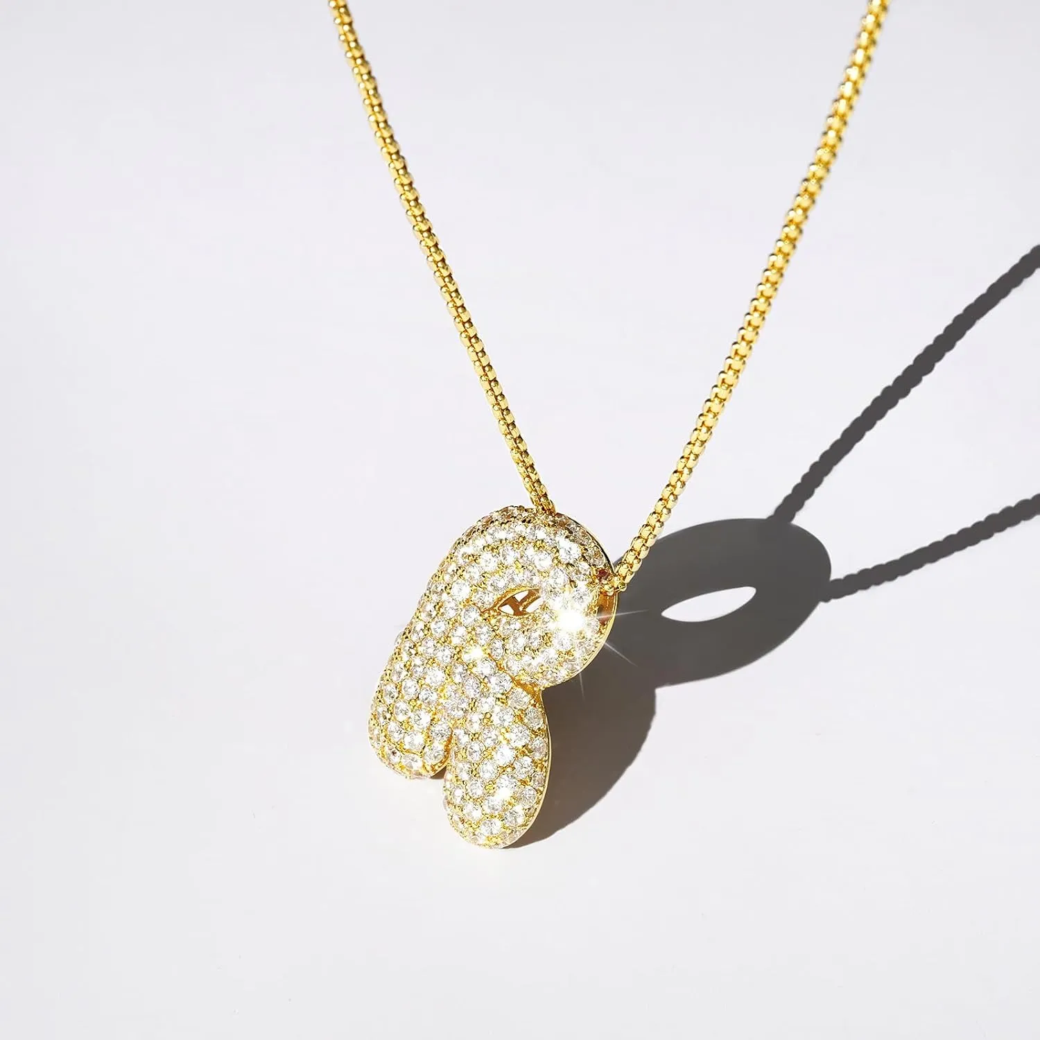 KissYan Bubble Letter Necklace, 14K Gold Plated Balloon Initial Pendant Box Chain Necklace Dainty Pave CZ Jewelry Gift for Women
