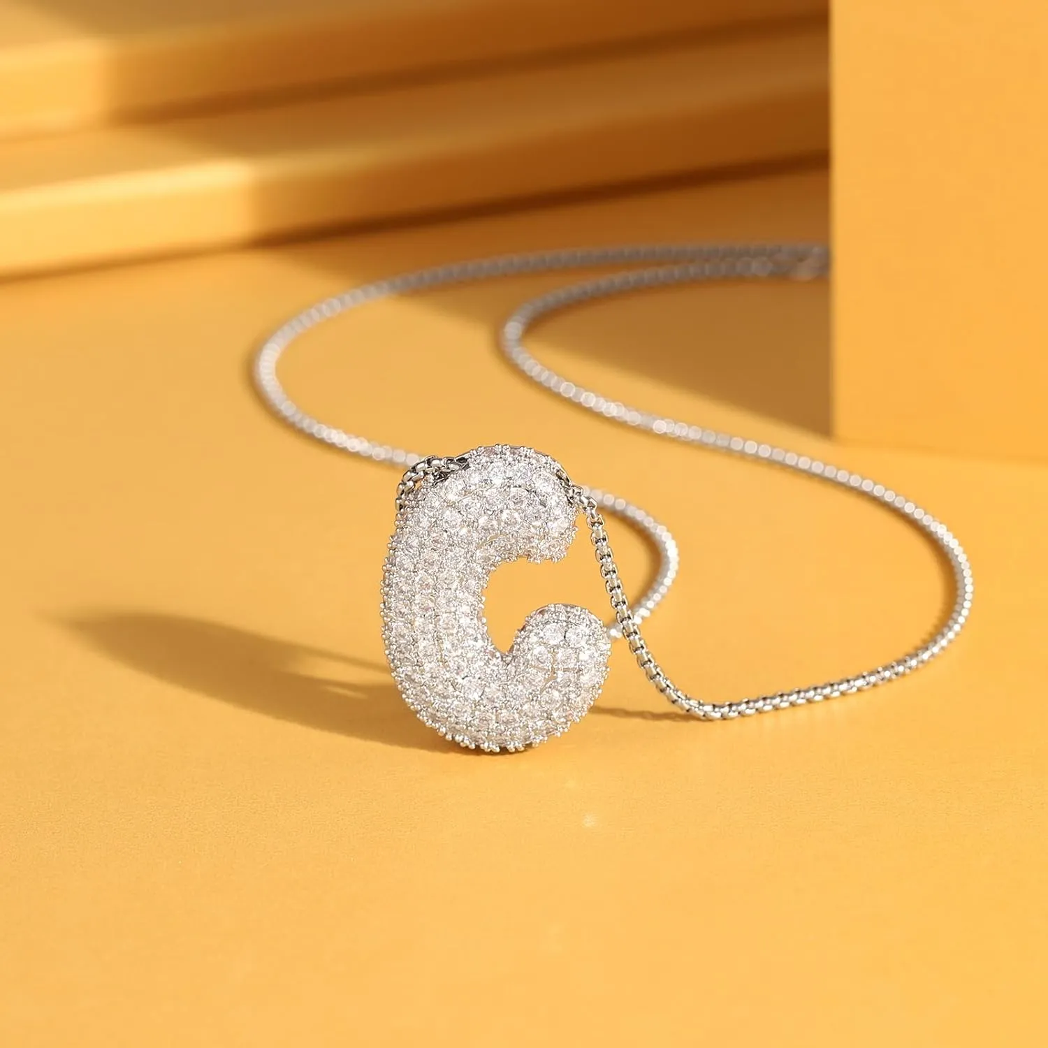 KissYan Bubble Letter Necklace, 14K Gold Plated Balloon Initial Pendant Box Chain Necklace Dainty Pave CZ Jewelry Gift for Women