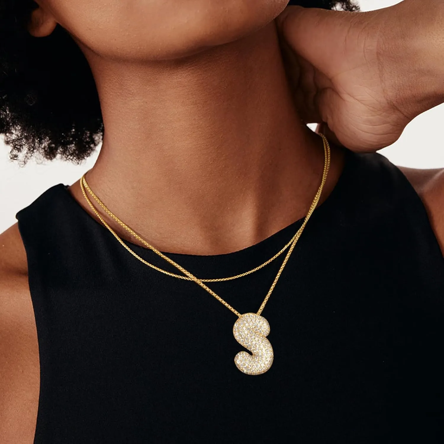 KissYan Bubble Letter Necklace, 14K Gold Plated Balloon Initial Pendant Box Chain Necklace Dainty Pave CZ Jewelry Gift for Women