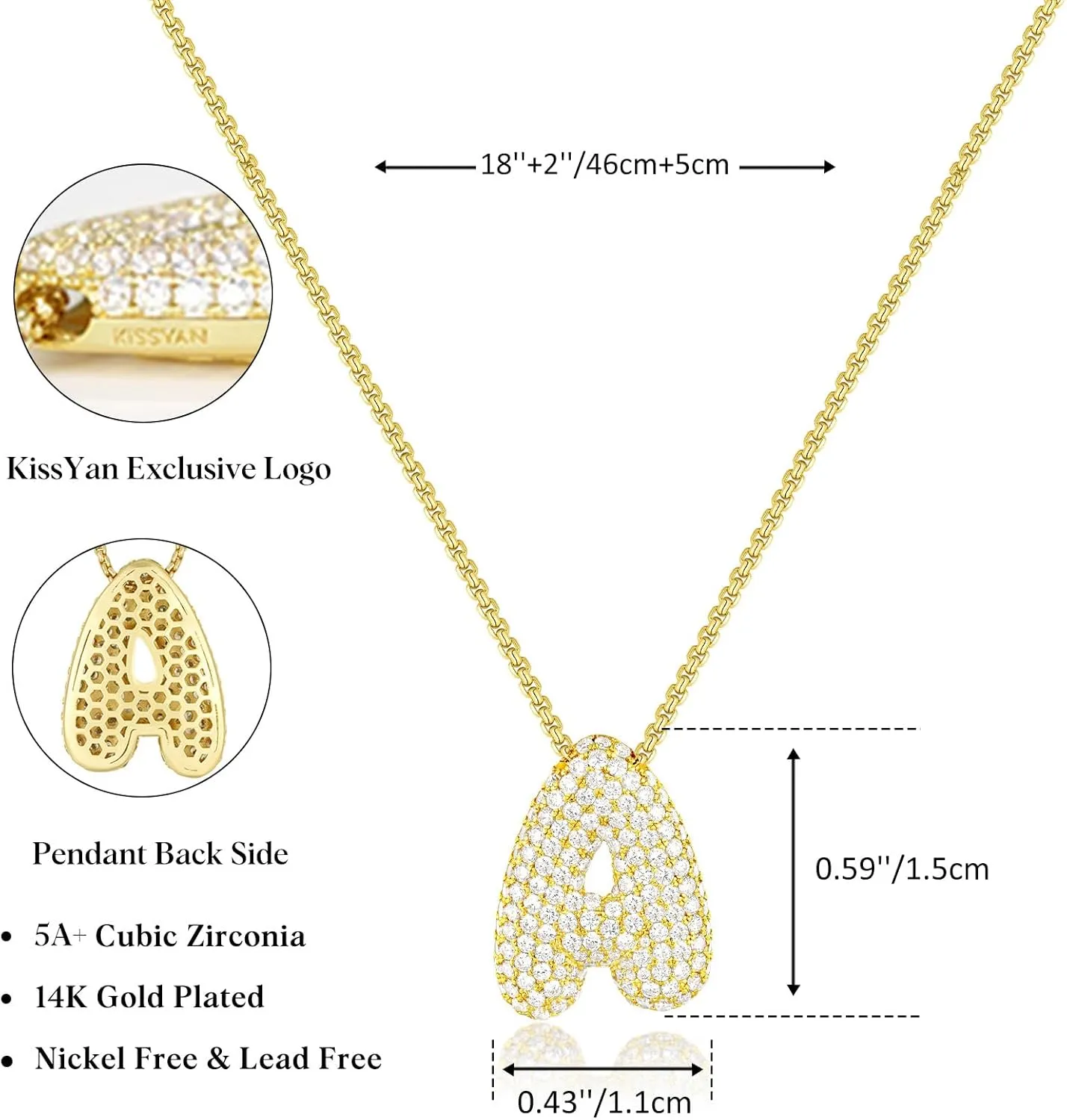 KissYan Bubble Letter Necklace, 14K Gold Plated Balloon Initial Pendant Box Chain Necklace Dainty Pave CZ Jewelry Gift for Women