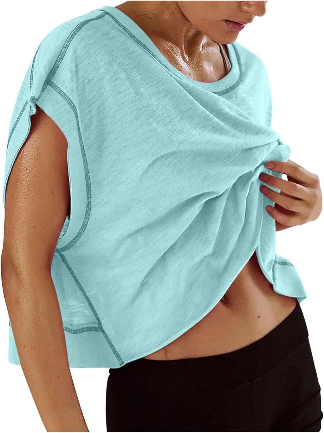 Lenago Workout Tops for Women Open Back Short Sleeve Shirts Backless Gym Yoga Athletic T-shirt Trendy Running Tee Blouses