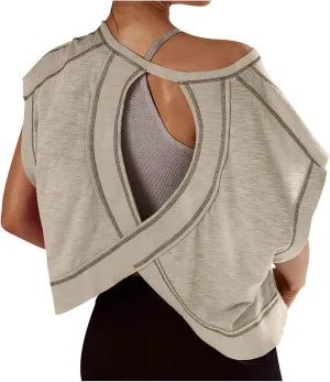 Lenago Workout Tops for Women Open Back Short Sleeve Shirts Backless Gym Yoga Athletic T-shirt Trendy Running Tee Blouses