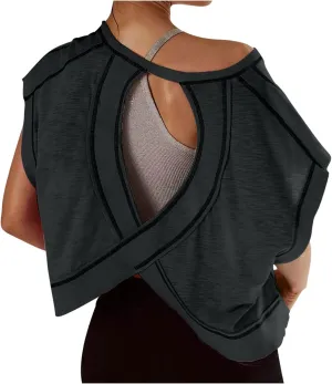 Lenago Workout Tops for Women Open Back Short Sleeve Shirts Backless Gym Yoga Athletic T-shirt Trendy Running Tee Blouses