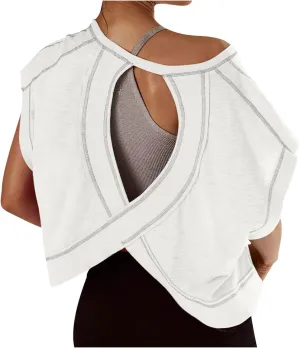 Lenago Workout Tops for Women Open Back Short Sleeve Shirts Backless Gym Yoga Athletic T-shirt Trendy Running Tee Blouses