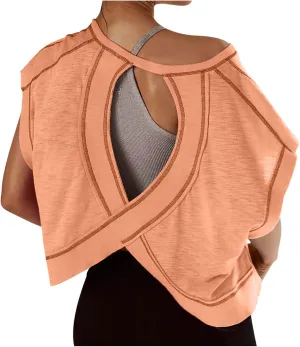 Lenago Workout Tops for Women Open Back Short Sleeve Shirts Backless Gym Yoga Athletic T-shirt Trendy Running Tee Blouses