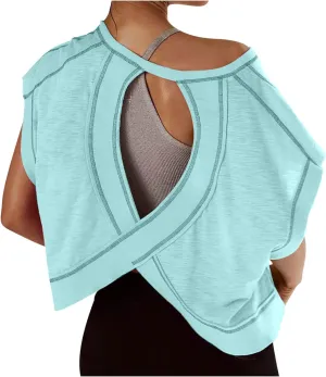 Lenago Workout Tops for Women Open Back Short Sleeve Shirts Backless Gym Yoga Athletic T-shirt Trendy Running Tee Blouses