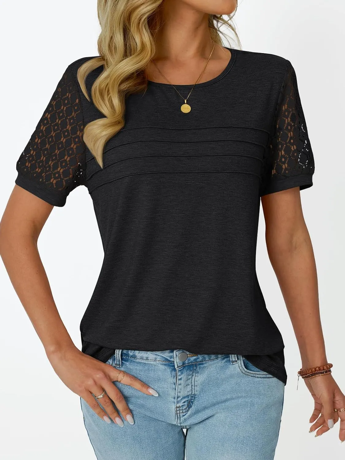 LILLUSORY Short Sleeve Shirts for Women Summer Tops 2025 Spring Lace Dressy Casual Top Cute T-Shirt Work Outfits Blouses